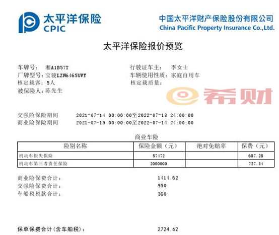 太平洋车险价格表