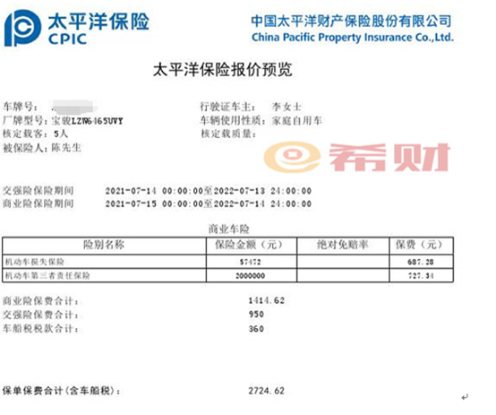 太平洋汽车保险报价表图片